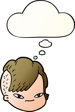 Bir insan tarafından çizilmiş, düşünce baloncuklu çizgi film kadın yüzü.