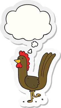 Düşünce baloncuğu olan çizgi film horozu insan tarafından çizilmiş bir çıkartma.