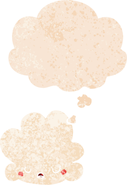 Düşünce baloncuğu ve grunge ile sevimli çizgi film bulutu bir insan tarafından çizilmiş sıkıntılı retro dokuma tarzı