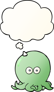 Düşünce baloncuklu çizgi film ahtapotu, bir insan tarafından çizilmiş düzgün eğimli stil.