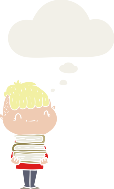 Düşünce baloncuğu olan, insan tarafından çizilmiş çizgi roman dostu çocuk.