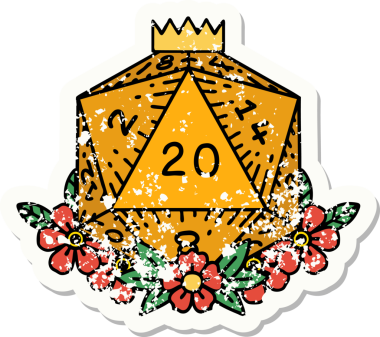 Bir insan tarafından çizilmiş çiçek elementleriyle 20 D20 zarının grunge sticker 'ı.
