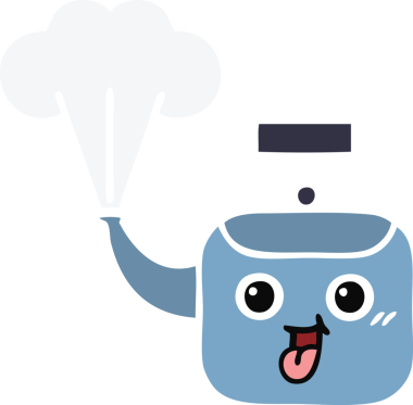 Bir insan tarafından çizilen dumanı tüten bir çaydanlığın düz renkli retro karikatürü