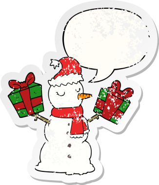 Konuşma baloncuğu olan kardan adam bir insan tarafından çizilmiş sıkıntılı eski bir çıkartma