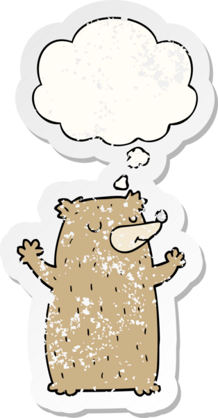 Düşünce baloncuğu olan çizgi film ayısı bir insan tarafından çizilmiş yıpranmış bir çıkartma.