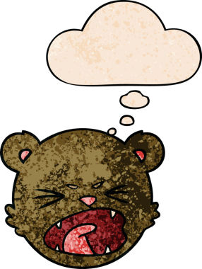 Bir insan tarafından çizilmiş grunge desenli düşünce baloncuklu şirin oyuncak ayı yüzü.