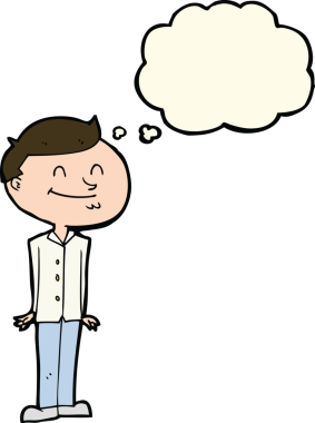 Bir insan tarafından çizilmiş düşünce balonlu gülümseyen adam.