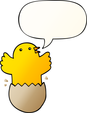 Bir insan tarafından çizilmiş yumuşak eğimli konuşma baloncuğu olan yumurtadan çıkan kuş.