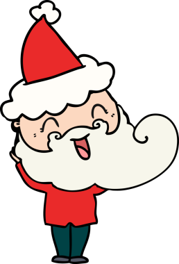 Bir insan tarafından çizilmiş Noel Baba şapkası giyen mutlu sakallı adam.