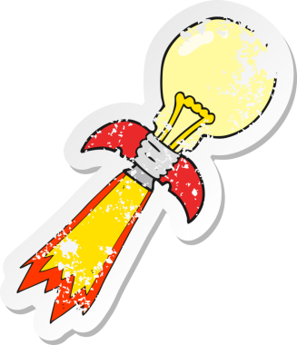 Bir insan tarafından çizilmiş bir çizgi film ampulü roket gemisinin geriletilmiş çıkartması.