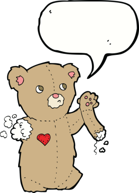 Bir insan tarafından çizilmiş konuşma balonlu yırtık kollu çizgi film ayısı.