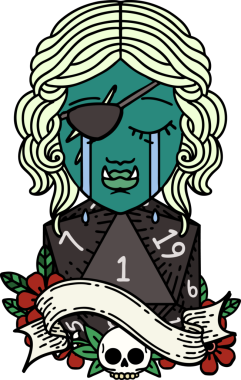 Retro Dövme Tarzı Ağlayan Ork düzenbaz karakter yüzü ve bir insan tarafından çizilmiş doğal bir D20 rulo