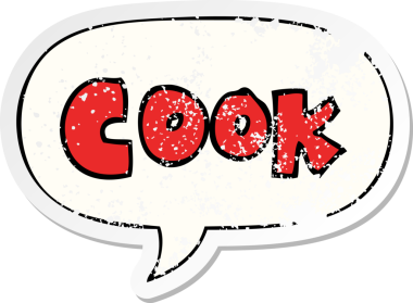 Bir insan tarafından çizilmiş, sıkıntılı, eski bir çıkartma olan konuşma balonuyla yemek pişirmek.