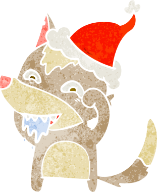 Aç bir kurdun insan tarafından çizilmiş Noel Baba şapkası taktığı eski bir çizgi film.