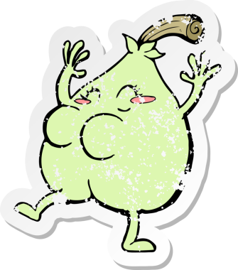 Bir insan tarafından çizilmiş güzel bir armut karikatürünün gerilemiş retro yapıştırması.