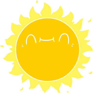 Mutlu düz renkli çizgi film güneşi bir insan tarafından çizildi.