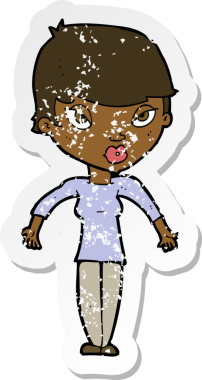 Bir insan tarafından çizilmiş omuzlarını silken karikatürlü bir kadının gerilmiş çıkartması.