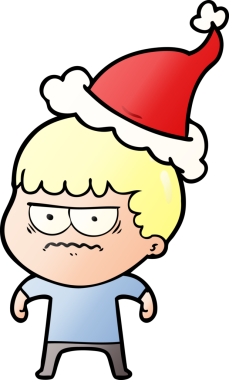 Bir insan tarafından çizilmiş Noel Baba şapkası giymiş sinirli bir adamın el çizimi karikatürü.