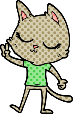 Sakin çizgi film kedisi bir insan tarafından çizilmiş barış işareti veriyor.