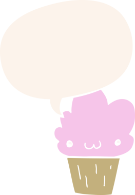 Bir insan tarafından çizilmiş, yüzü konuşma baloncuğu olan çizgi film keki.