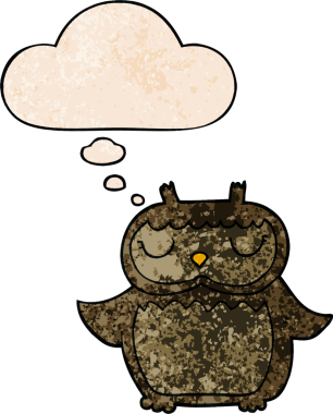 bir insan tarafından çizilmiş grunge doku biçiminde düşünce baloncuğu olan çizgi film baykuşu