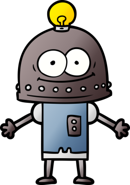 Bir insan tarafından çizilmiş ampullü mutlu karton robot.