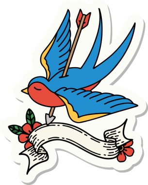 Bir kırlangıç sancağına sahip dövme stili çıkartması. Bir insan tarafından çizilmiş ok ile.