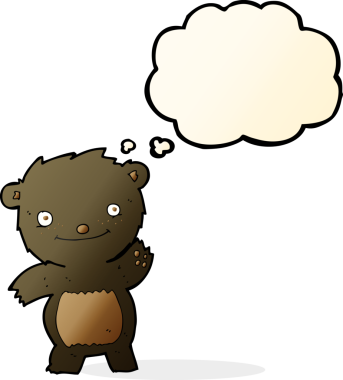 Bir insan tarafından çizilmiş düşünce baloncuğu ile siyah ayı yavrusunu sallayan çizgi film.