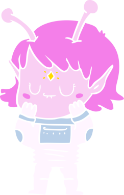 Bir insan tarafından çizilmiş düz renkli uzaylı kız çizgi filmi.