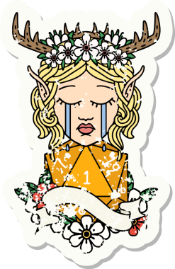 Ağlayan bir Elf Druid karakterinin yapışkan etiketi. Doğal bir insan tarafından çizilmiş.