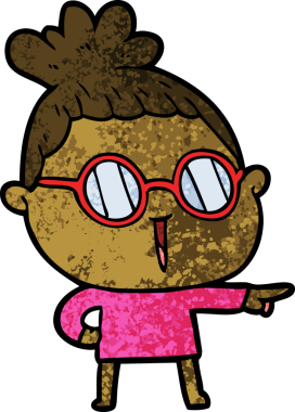 Bir insan tarafından çizilmiş gözlüklü bir karikatür kadın.