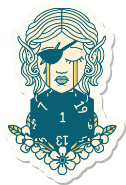 Ağlayan bir elf karakterinin çıkartması. İnsan tarafından çizilmiş doğal bir D20 yuvarlak yüzlü.