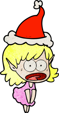 Şok olmuş bir elf kızının el çizimi bir insan tarafından çizilmiş Noel Baba şapkası.