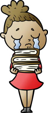 Bir insan tarafından çizilmiş kitap yığınıyla ağlayan kadın çizgi filmi.