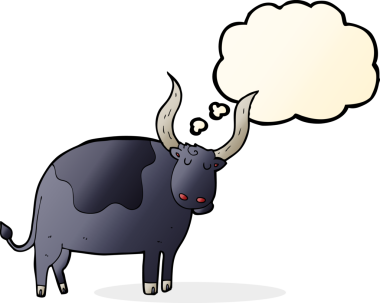 Bir insan tarafından çizilmiş düşünce baloncuklu bir öküz.