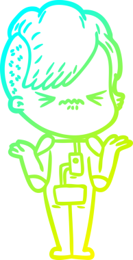 Bir insan tarafından çizilmiş uzay giysisi giymiş sinirli bir hipster kızın soğuk gradyan çizimi