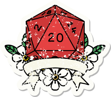 Bir insan tarafından çekilen 20 kritik vuruşluk D20 zar atımının grunge çıkartması.