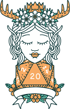 Retro Dövme Tarzı Elf Karakteri Bir insan tarafından çizilmiş doğal 20 zar ile