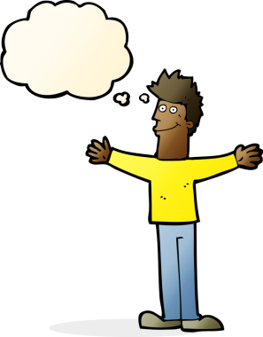 Bir insan tarafından çizilmiş düşünce balonlu mutlu adam çizgi filmi.