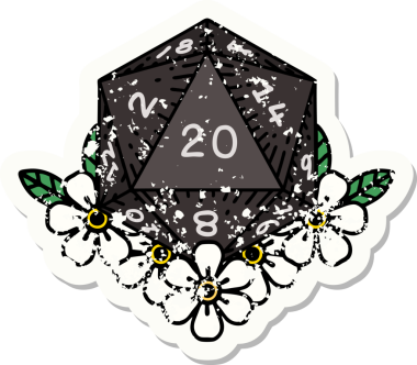 Bir insan tarafından çizilmiş çiçek elementleriyle 20 D20 zarının grunge sticker 'ı.