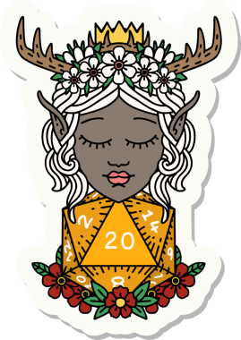 Bir insan tarafından çizilmiş nautral yirmilik zarlı bir Elf Druid karakterinin çıkartması.