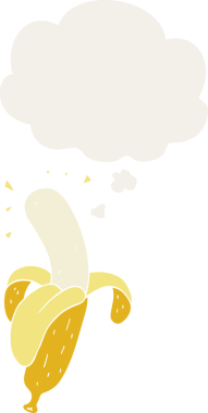 insan tarafından çizilmiş, düşünce baloncuklu karikatür muz.