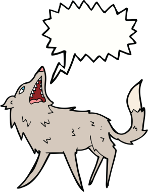 Bir insan tarafından çizilmiş konuşma baloncuğuyla kurt resmi.