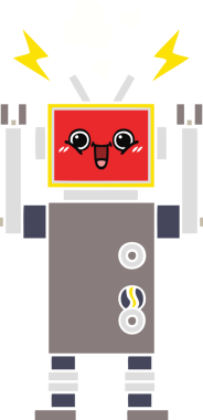 Bir insan tarafından çizilmiş mutlu bir robotun düz renkli retro karikatürü