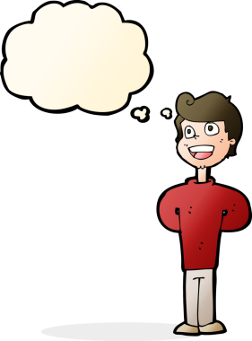 Bir insan tarafından çizilmiş düşünce balonlu mutlu adam çizgi filmi.