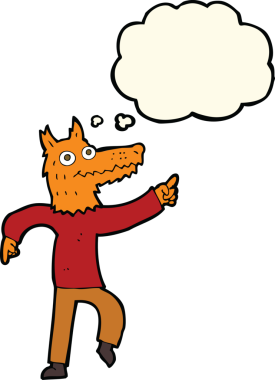 Bir insan tarafından çizilmiş düşünce balonlu tilki adam.