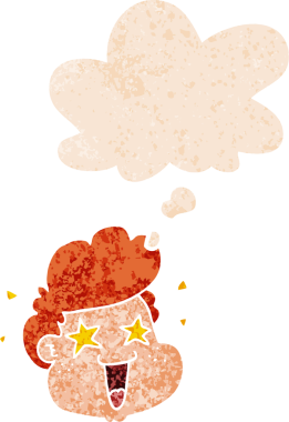 Düşünce baloncuklu çizgi film çocuğunun yüzü bir insan tarafından çizilmiş dertli eski moda bir stil.