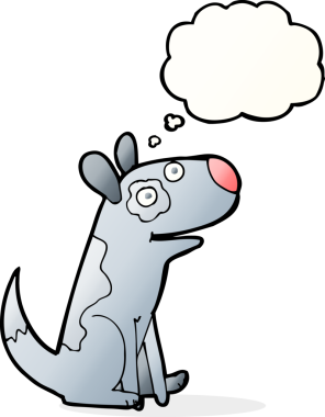 Bir insan tarafından çizilmiş düşünce balonlu mutlu bir köpek.