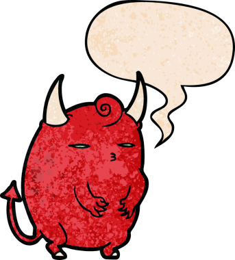 Bir insan tarafından çizilmiş eski moda konuşma baloncuğu olan küçük şişman cadılar bayramı şeytanı çizgi filmi.