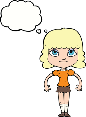 Bir insan tarafından çizilmiş düşünce kabarcığı olan çizgi film kızı.